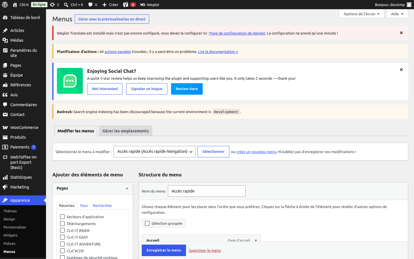 Gestion des menus
