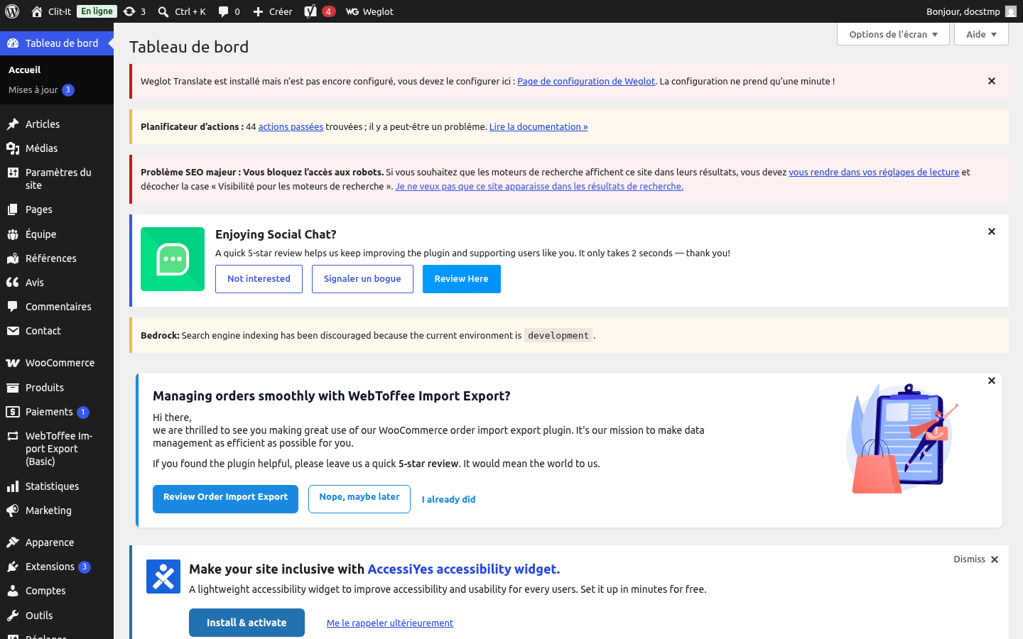 Tableau de bord WordPress